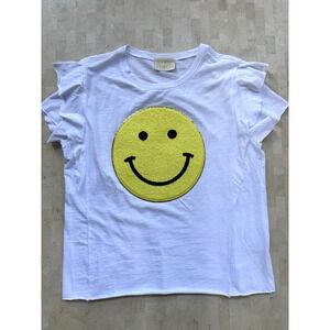 JUDITH MARCH Oversized Smiley Face Patch Ruffle Sleeve Tshirt - L  🙂